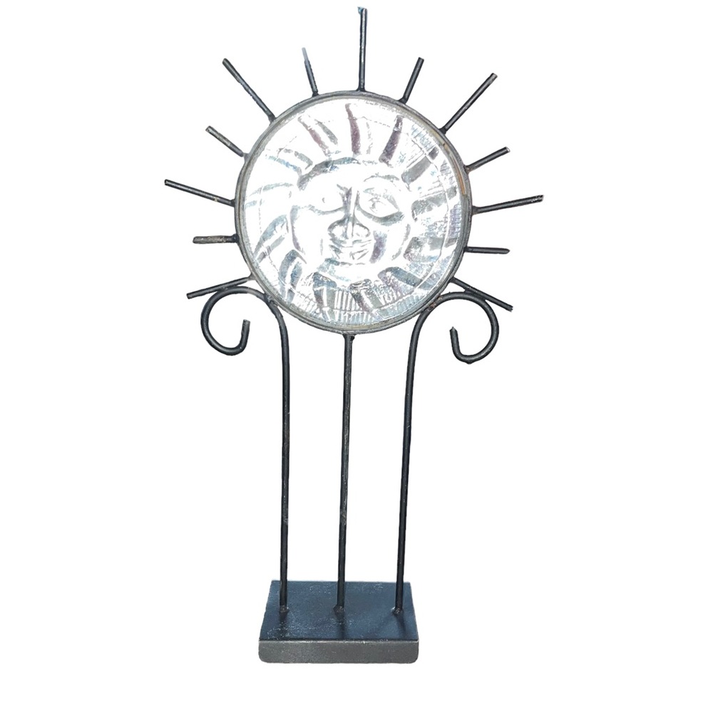 Vintage 1990s Y2K Glass Celestial Sun Face Wrought Iron Candle Holder